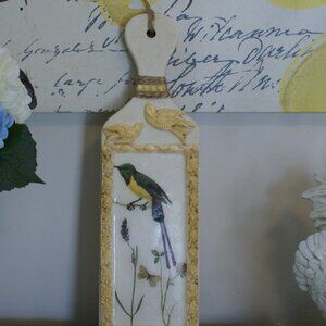 Wood Cheese Board Hand Painted Decorated Birds Flowers Molds White Yellow Home